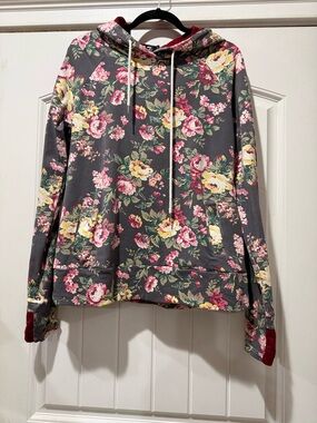 Gray Floral Hooded Sweatshirt with Pink & Yellow Blooms